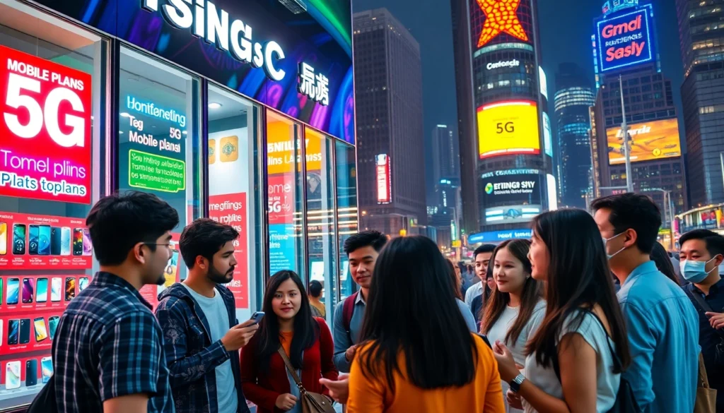繁忙的城市夜景，展示電訊商店和推廣5G計劃的霓虹燈標誌，背景有摩天大樓，充滿活力與現代感。