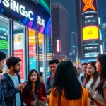 繁忙的城市夜景，展示電訊商店和推廣5G計劃的霓虹燈標誌，背景有摩天大樓，充滿活力與現代感。