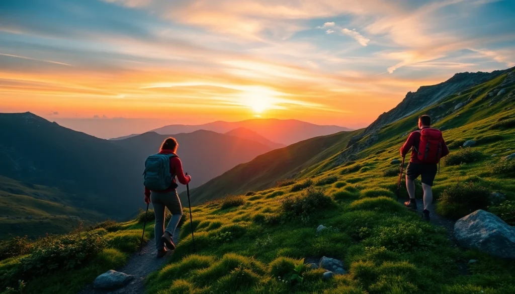 Trekking through lush mountain landscapes with hikers carrying gear, emphasizing adventure and natural beauty