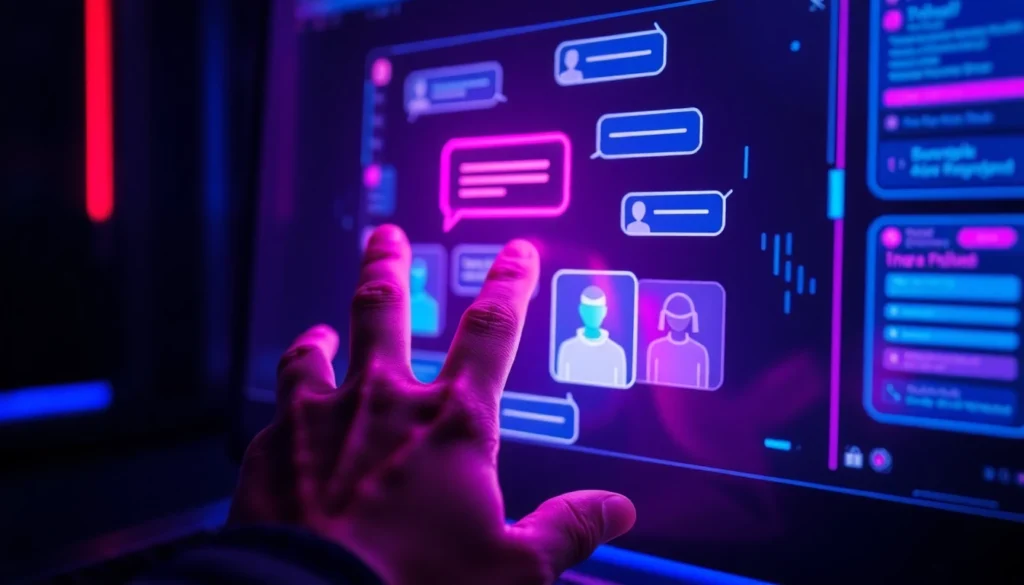 Futuristic digital scene of AI chat interface with neon lights and holographic elements.
