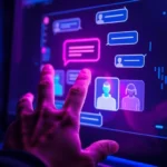 Futuristic digital scene of AI chat interface with neon lights and holographic elements.