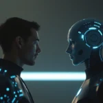 Human or Not AI: Visual of a person and AI represented by digital avatars engaging in conversation, highlighting AI technology and human intuition in a clear, accessible way.