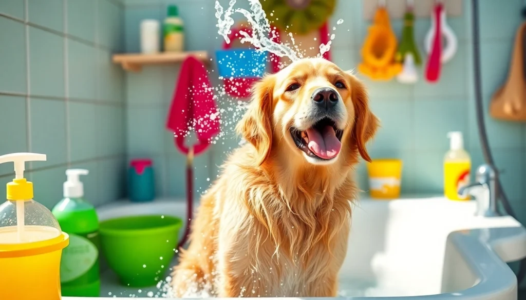 Get your dog washed conveniently at a colorful dog wash near me with playful golden retrievers.