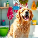 Get your dog washed conveniently at a colorful dog wash near me with playful golden retrievers.