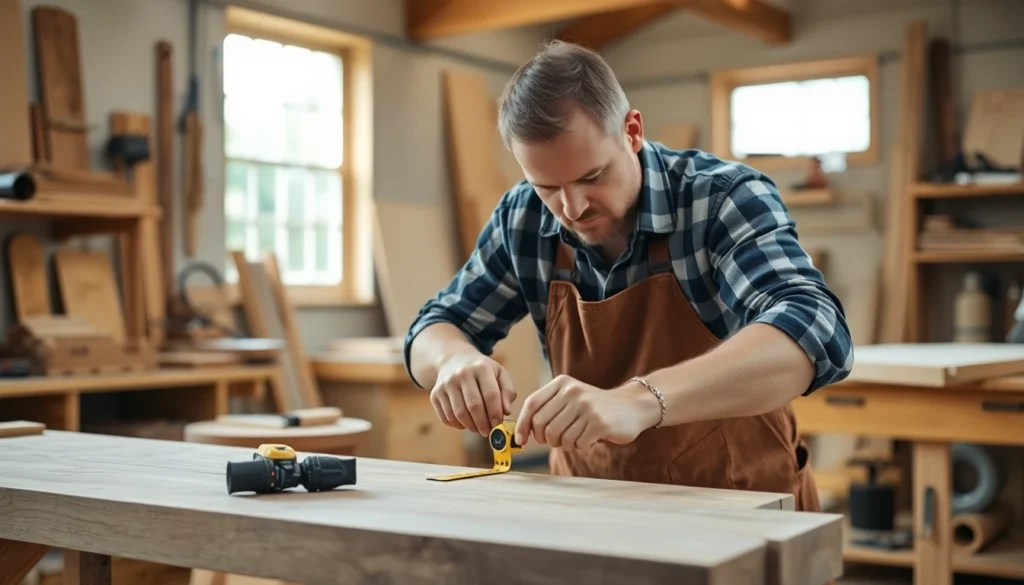 Carpenter measuring wood in a workshop, highlighting precision and craftsmanship for quality results.