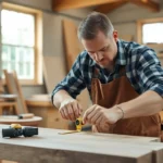 Carpenter measuring wood in a workshop, highlighting precision and craftsmanship for quality results.
