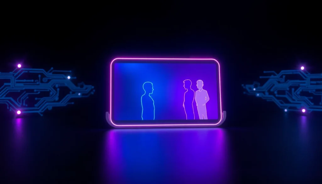 Futuristic AI interface with digital characters and neon glow effects