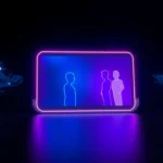 Futuristic AI interface with digital characters and neon glow effects