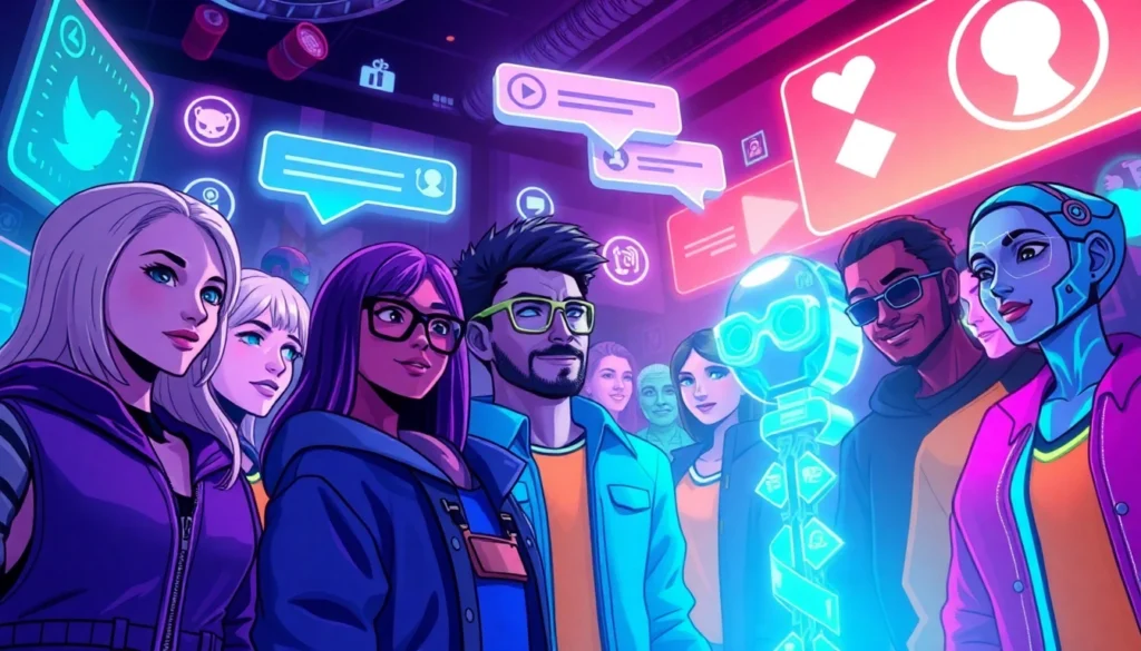 Futuristic virtual social media scene with diverse avatars and glowing interface elements.