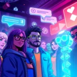 Futuristic virtual social media scene with diverse avatars and glowing interface elements.