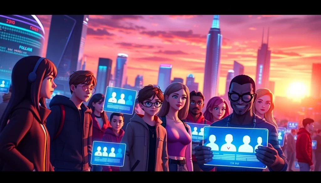 Futuristic social media scene with diverse characters engaging with holographic interfaces in a neon-lit cityscape