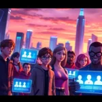 Futuristic social media scene with diverse characters engaging with holographic interfaces in a neon-lit cityscape