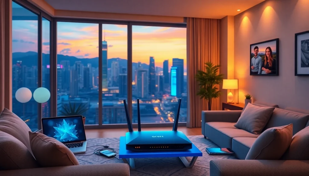 香港家居寬頻生活場景，展現現代家庭中高速穩定的無線網絡設備與都市天際線背景