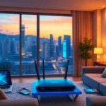 香港家居寬頻生活場景，展現現代家庭中高速穩定的無線網絡設備與都市天際線背景