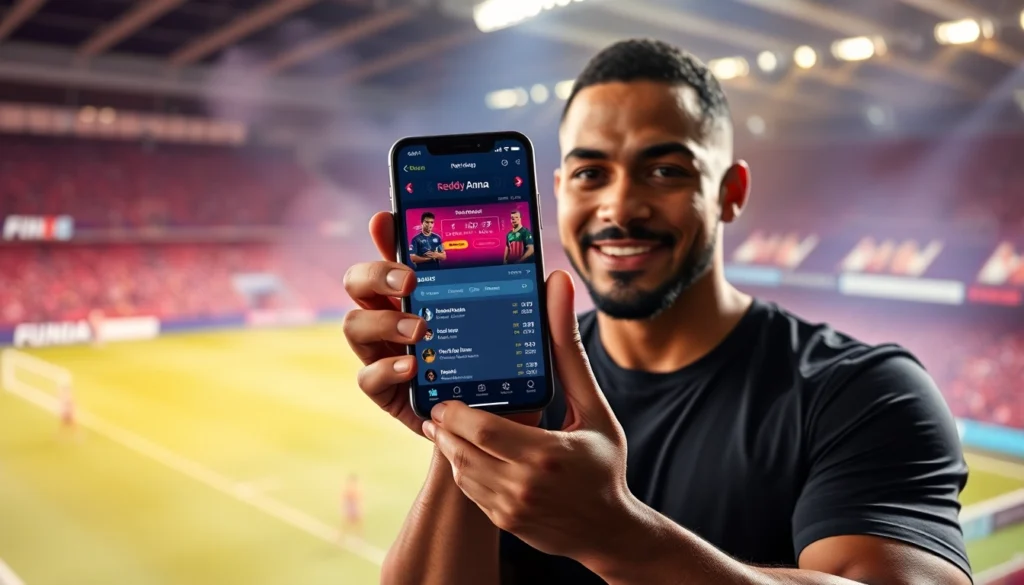 Reddy Anna Book betting app in action on a smartphone with sports background, showcasing live betting features for users.