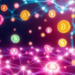 Digital art showing a variety of altcoins in a vibrant blockchain environment, illustrating