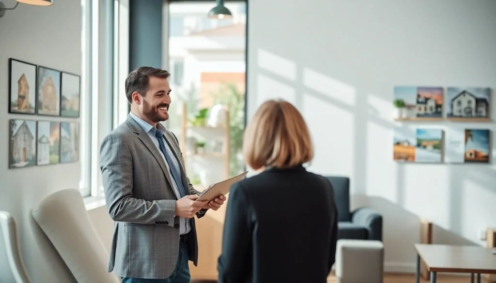Makler Grevenbroich expertly displaying property options to clients in a professional, welcoming setting.