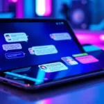 Close-up of smartphones displaying AI chat interfaces with vibrant neon lighting and digital characters.