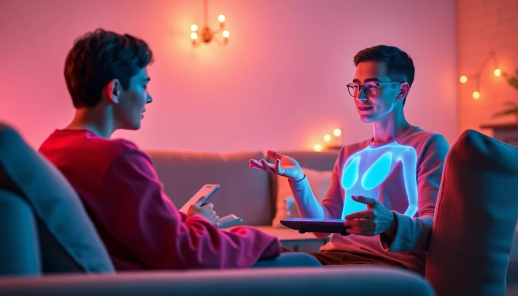 A person interacting with a holographic AI girlfriend in a cozy modern living room.