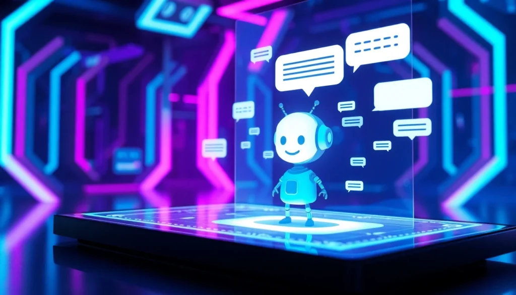 Futuristic AI chatbot interface with glowing neon accents and holographic character in a high-tech environment.