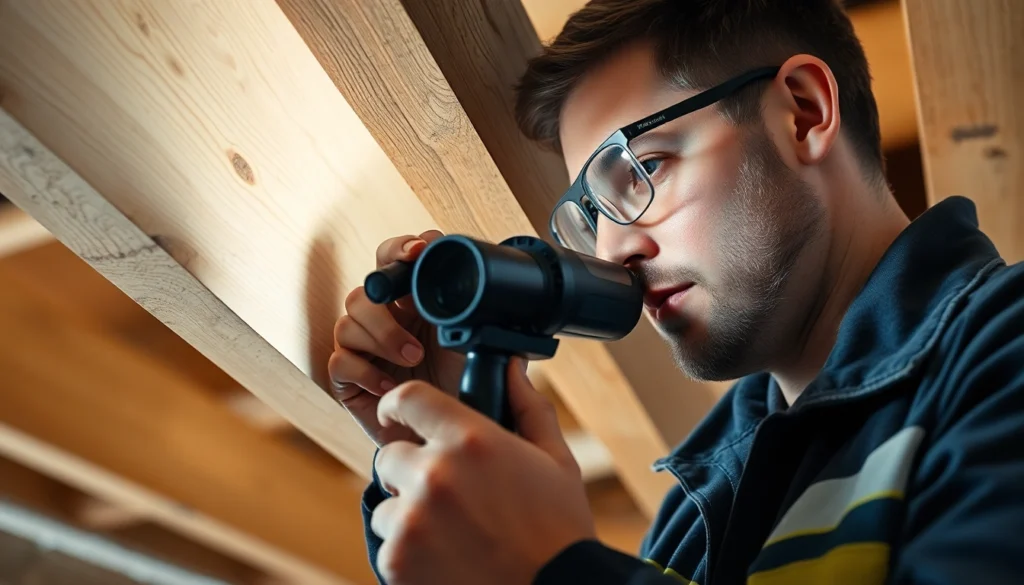 Professional inspecting wood for houtwormen bestrijden using advanced tools, highlighting expert treatment.