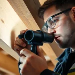 Professional inspecting wood for houtwormen bestrijden using advanced tools, highlighting expert treatment.