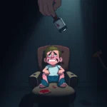 A distressed cartoon character in pain, sitting in a dark room with violent tools and a threatening atmosphere.