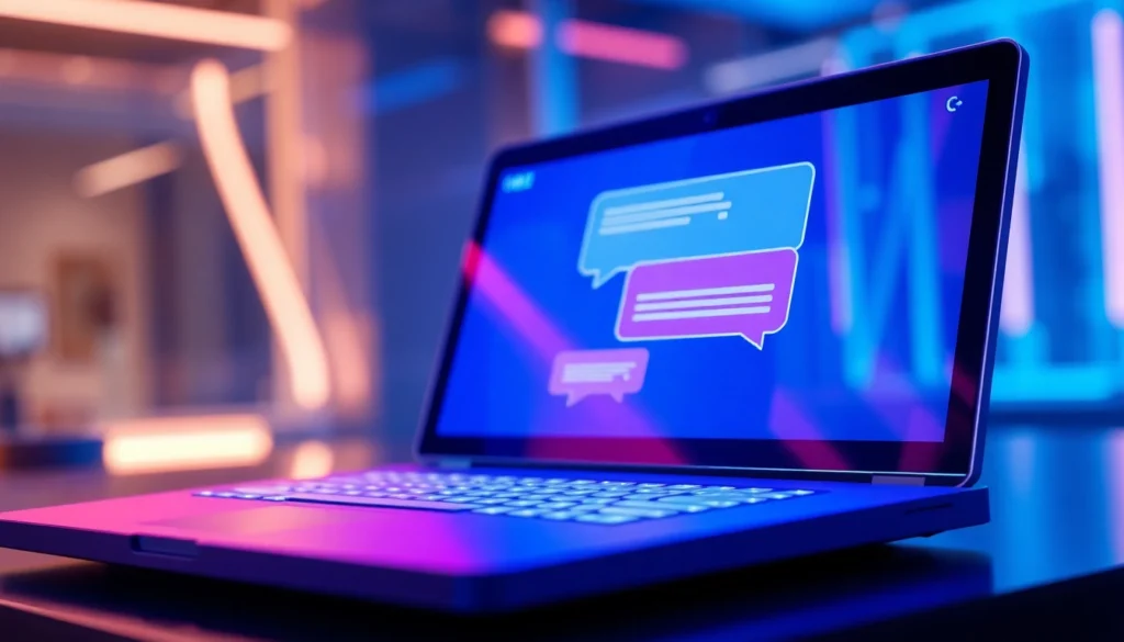 Digital illustration of a futuristic chatbot interface on a sleek screen with glowing chat bubbles and neon accents.