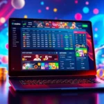 Digital illustration of an online sportsbook and casino platform interface with vibrant colors and dynamic sports graphics.