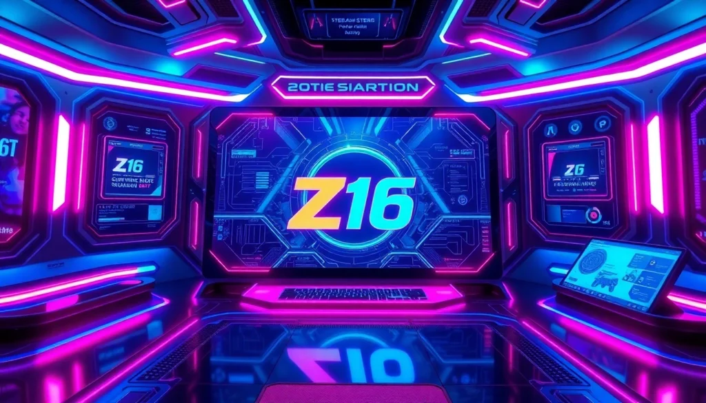 Dynamic z16 branded gaming interface showcasing high-tech visuals and user engagement for