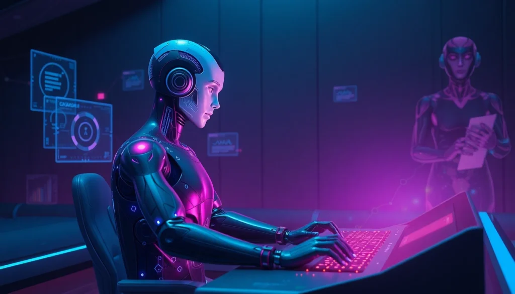 Futuristic AI character interacting with holographic displays in a neon-lit cyber environment.