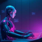 Futuristic AI character interacting with holographic displays in a neon-lit cyber environment.