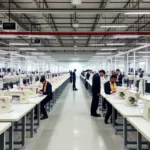 Clothing factory in Sialkot showcasing skilled workers and manufacturing equipment in a sleek, organized facility to emphasize quality production.