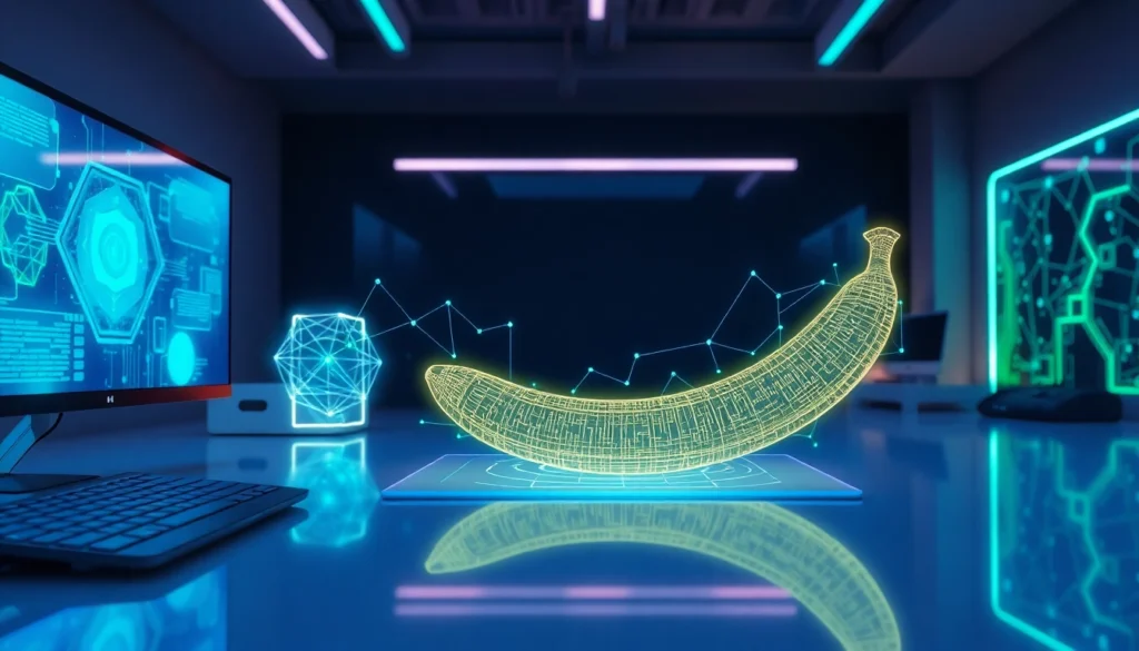 An illustration of a futuristic AI interface featuring a banana transforming into geometric and neural patterns, set in a high-tech workspace with glowing accents and ambient lighting.