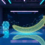 An illustration of a futuristic AI interface featuring a banana transforming into geometric and neural patterns, set in a high-tech workspace with glowing accents and ambient lighting.