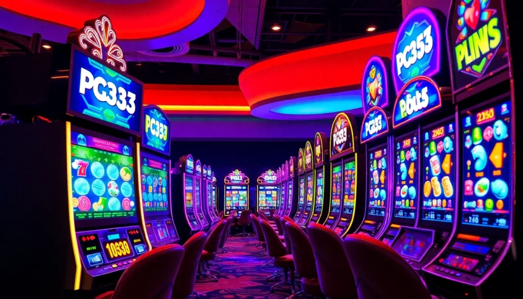 PG333 online slot machine with bright lights and coins, engaging gameplay, capturing excitement for players.
