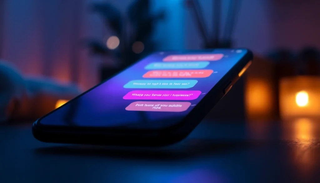 Close-up of a digital device screen displaying an intimate AI chat conversation in a dimly lit room.