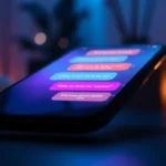 Close-up of a digital device screen displaying an intimate AI chat conversation in a dimly lit room.