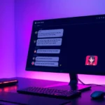 Close-up of a computer screen showing adult-themed AI chat conversations with a neon-lit background.