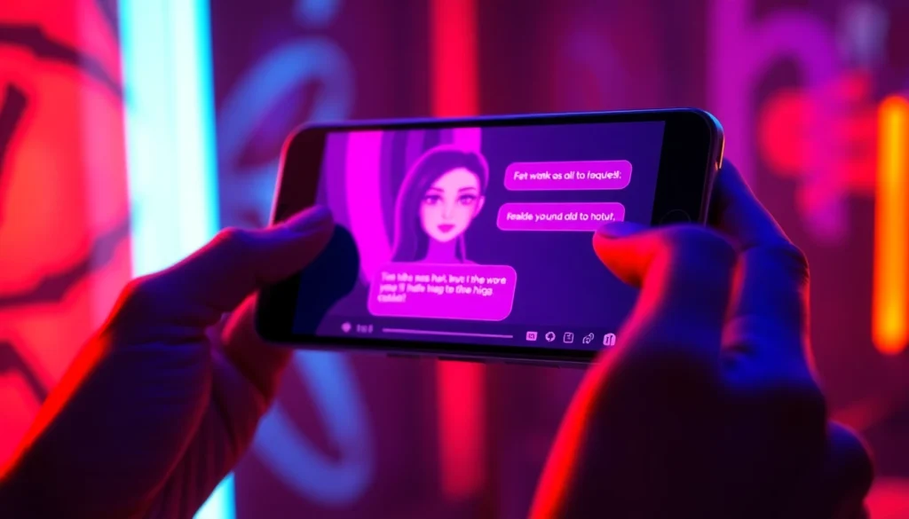 Close-up of a smartphone displaying an NSFW AI chat conversation with a vibrant, alluring AI character, glowing neon lights in a futuristic setting.