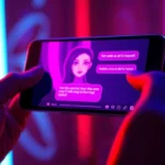 Close-up of a smartphone displaying an NSFW AI chat conversation with a vibrant, alluring AI character, glowing neon lights in a futuristic setting.