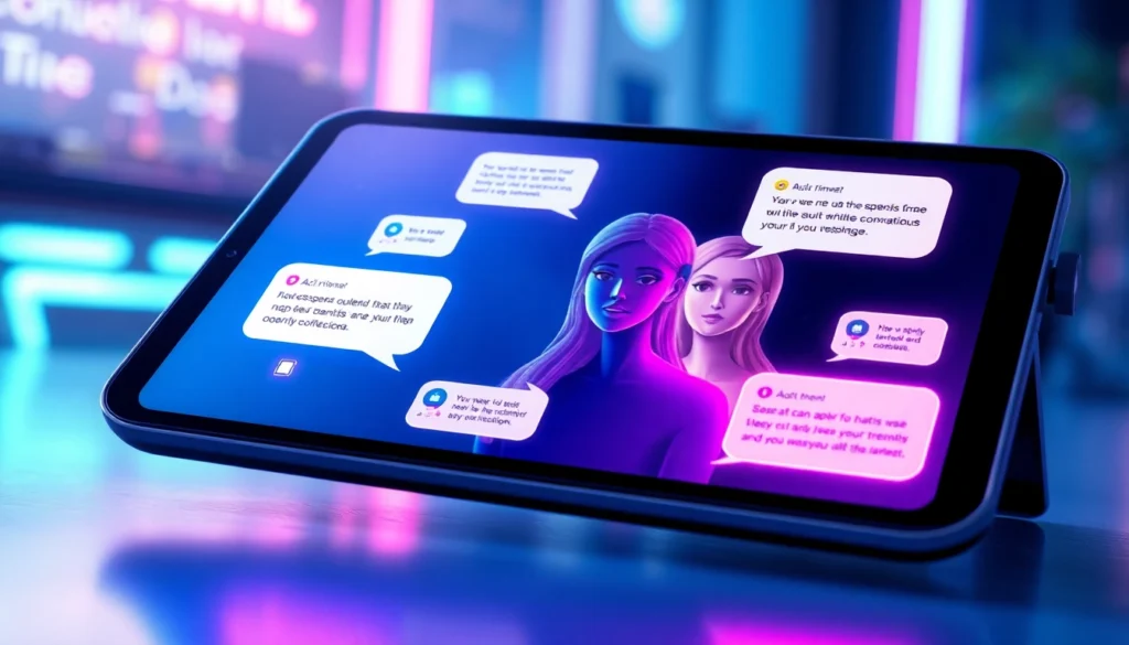 A futuristic digital chat interface with neon accents and holographic elements, representing an immersive AI chat environment.