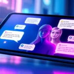 A futuristic digital chat interface with neon accents and holographic elements, representing an immersive AI chat environment.
