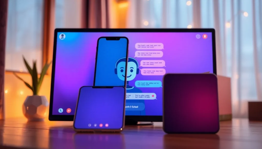 Digital illustration of a chat interface on devices with an AI character, emphasizing customization and intimacy.