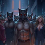 An artistic depiction of a society inspired by the Omegaverse featuring humans with wolf-like features in a modern urban setting, emphasizing hierarchy and mood.