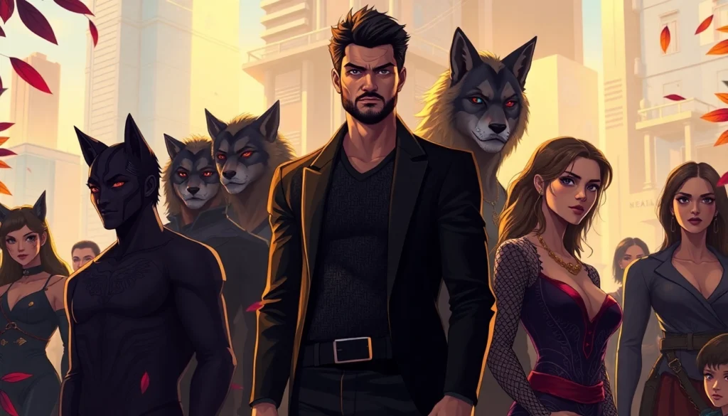 Digital illustration of a society inspired by the Omegaverse, featuring diverse characters with wolf-like features in a futuristic cityscape.