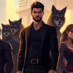 Digital illustration of a society inspired by the Omegaverse, featuring diverse characters with wolf-like features in a futuristic cityscape.
