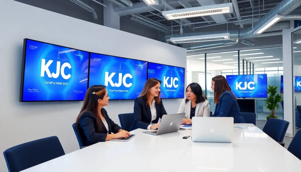 Lien minh KJC team working together in a modern office environment with digital branding elements