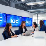 Lien minh KJC team working together in a modern office environment with digital branding elements