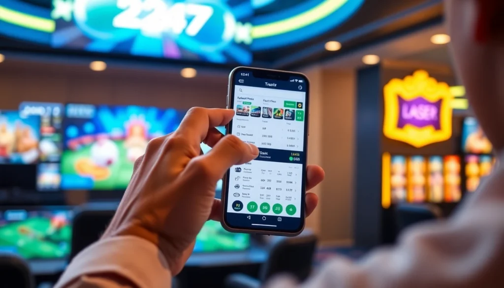 Laser 247 online betting platform showing a user placing live sports bets on their smartphone in a vibrant casino environment, emphasizing trust and excitement.